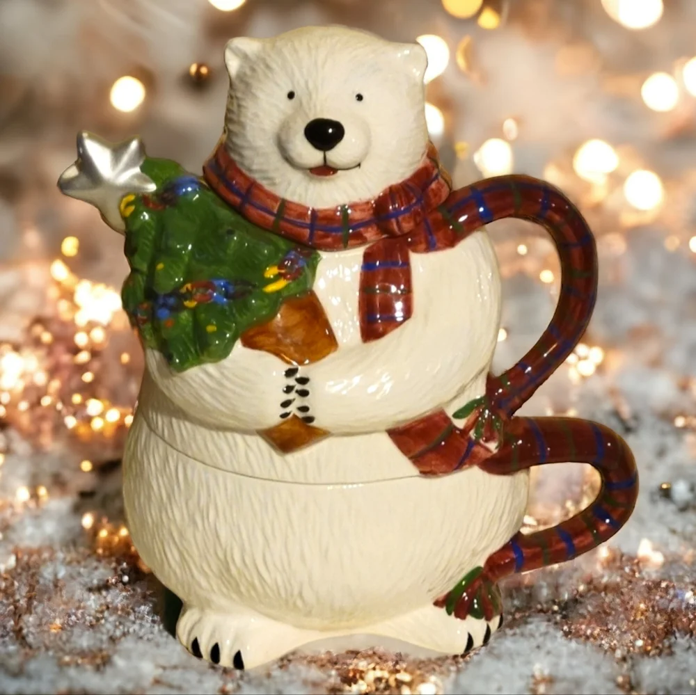 Vtg Pfaltzgraff Ceramic Glazed Polar Bear TeaPot W/Hot Chocolate Coffee Cup Mug